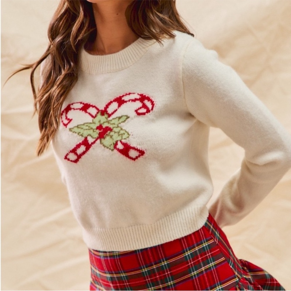 So Me Festive White Sweater with Candy Cane Design